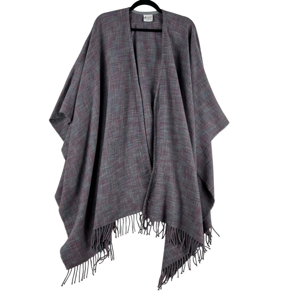 Annadele Alpacas Womens Fringed Ruana Wrap Gray Teal Plaid Open Front Alpaca